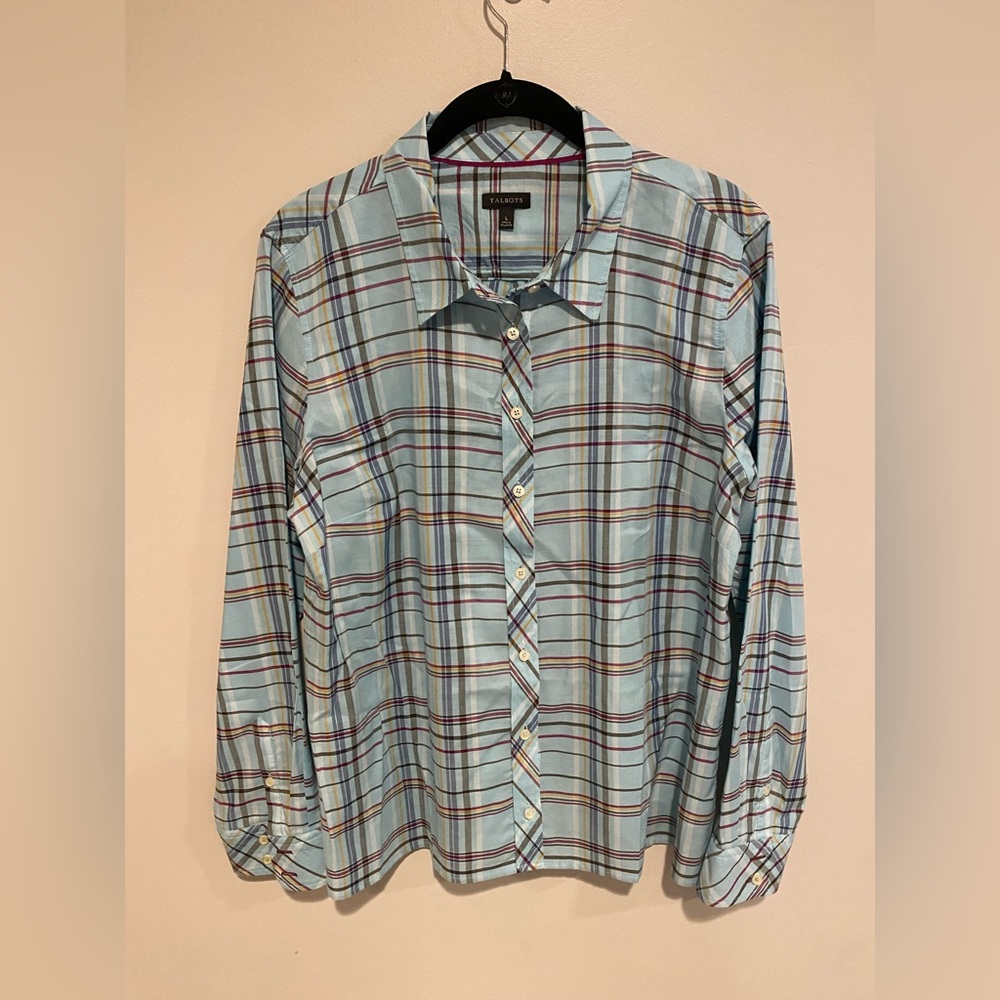 Talbots Long Sleeve Button Up Blue Plaid Womens Size L 100% Cotton Career Summer